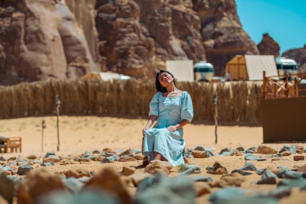 A tourist woman in Al-Ula, Saudi Arabia.
