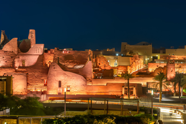 Diriyah's ancient walls at night.