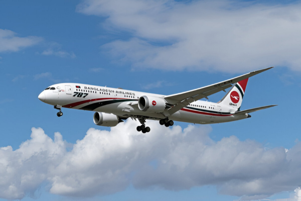 An airplane of Biman Bangladesh flying in the skies.