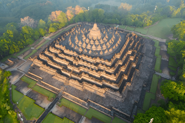 Aerial view of 1200 year old Borobudur Temple.