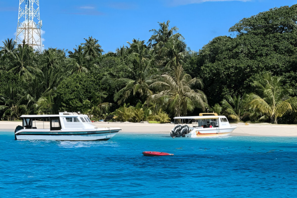 Lush greenery and blue water of Maafushi.